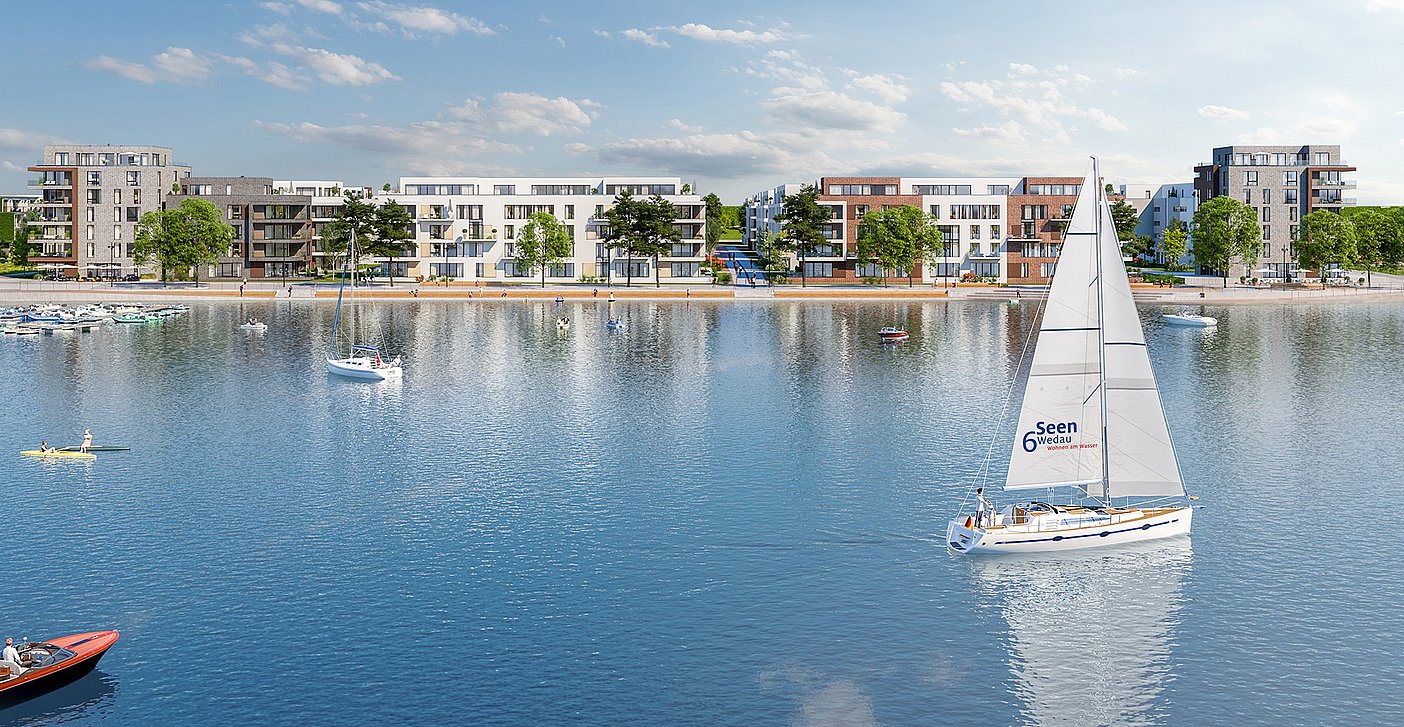 A rendering of the Seequartier at 6-Seen-Wedau, a new neighborhood in Duisburg. In the foreground is water with a sailboat, behind it new real estate.