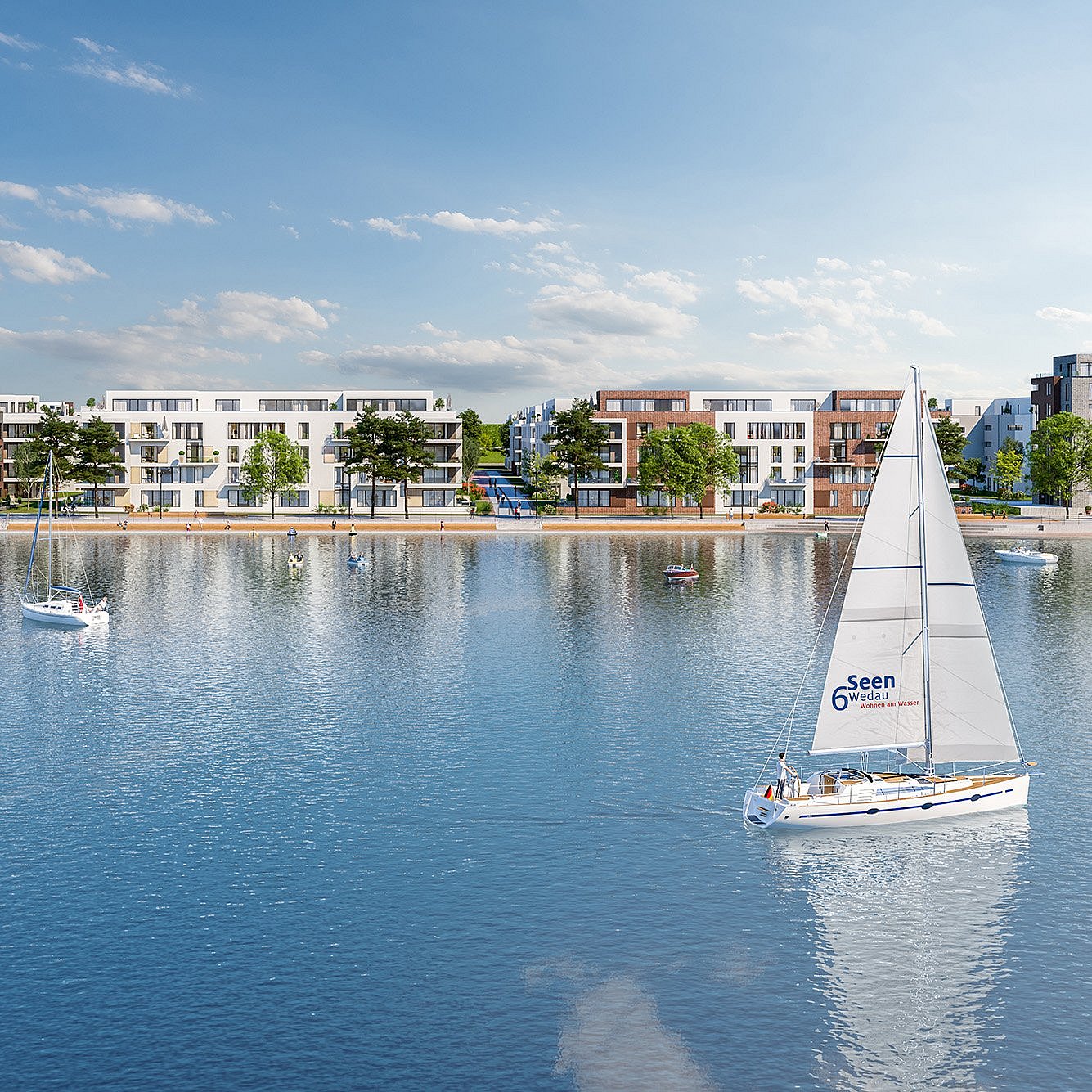 Ein Rendering des Seequartier bei 6-Seen-Wedau, einem neuen Quartier in Duisburg. Im Vordergrund befindet sich Wasser mit einem Segelboot, dahinter neue Immobilien.