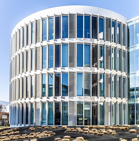 Eines der Innovationszentren Ruhr im Ruhrgebiet von vorne, zu sehen sind Pflanzen im Vordergrund mit dem runden, modern anmutenden Glasgebäude im Hintergrund